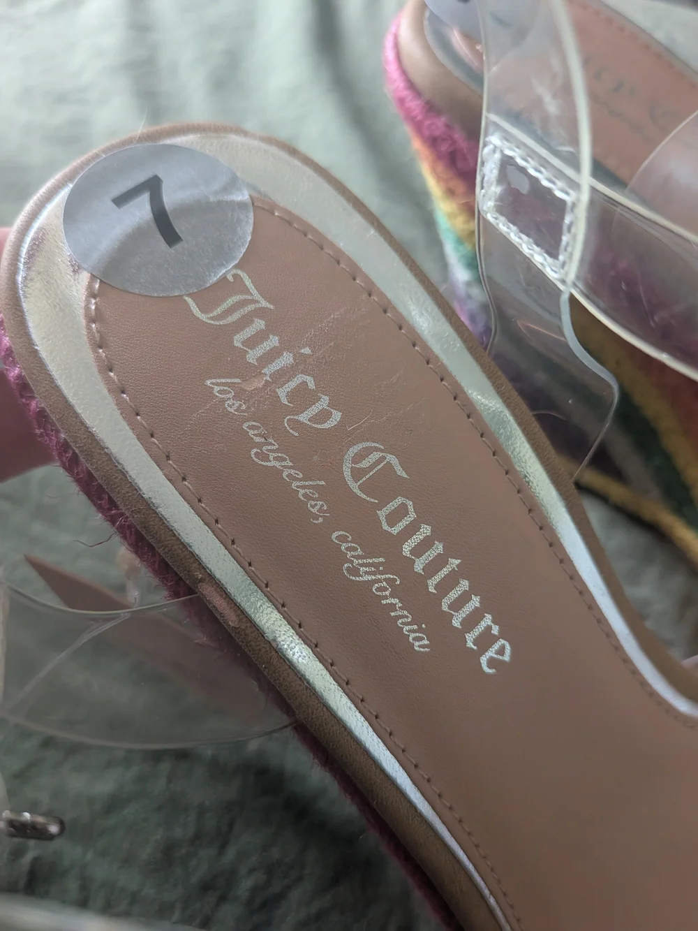 Juicy Couture RAINBOW Jute Wedge Sandals Clear Acrylic Rhinestones Size 7